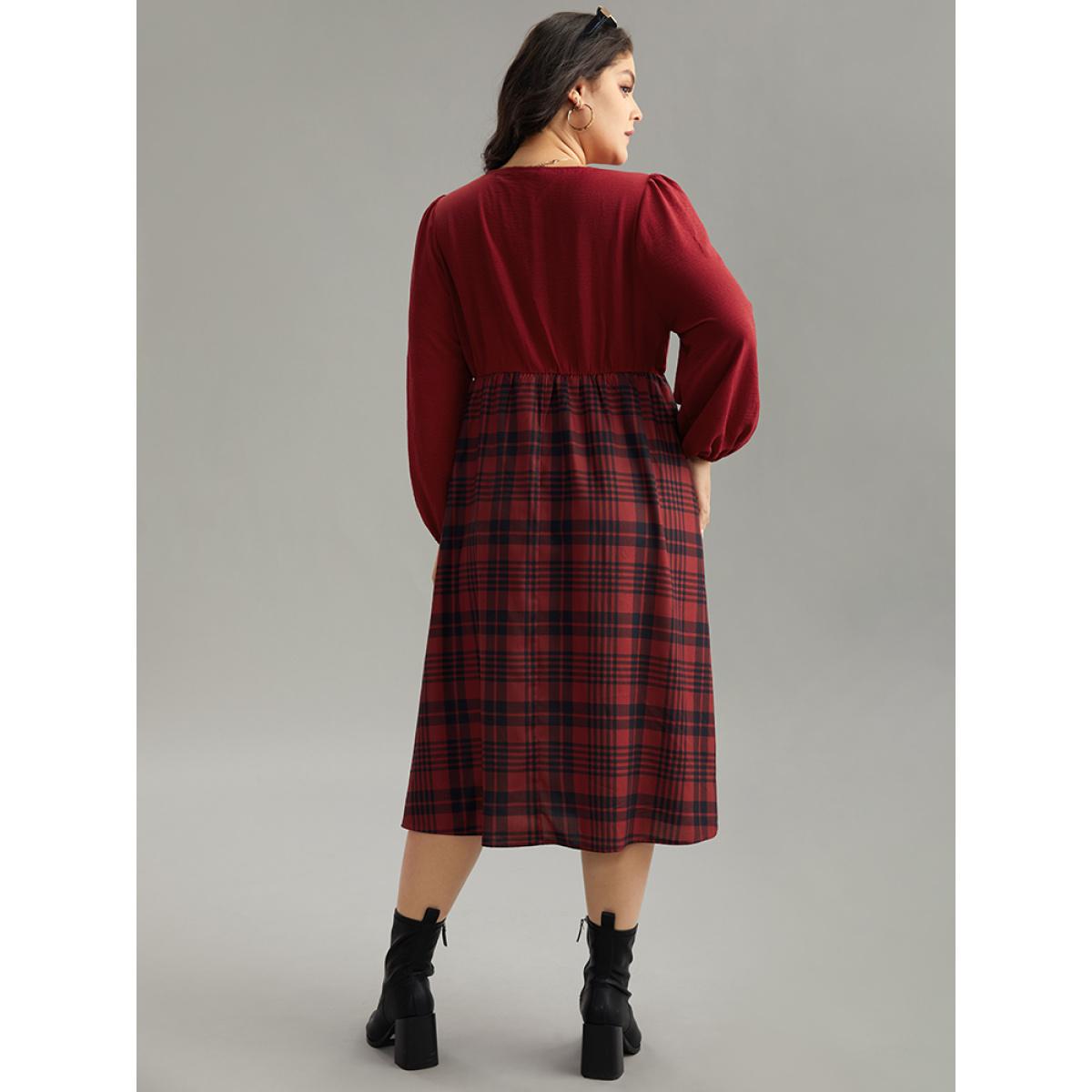Plus Size Plaid Patchwork Gathered Lantern Sleeve Dress Raspberry Women Casual Elastic cuffs V-neck Long Sleeve Curvy Midi Dress BloomChic 18-20/2X Product Image