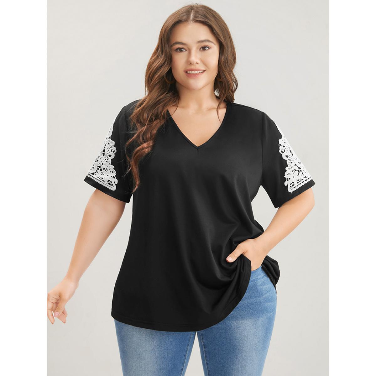 Plus Size Plain Contrast Lace V Neck T-shirt Black Women Elegant Lace Plain V-neck Dailywear T-shirts BloomChic 30/6X Product Image