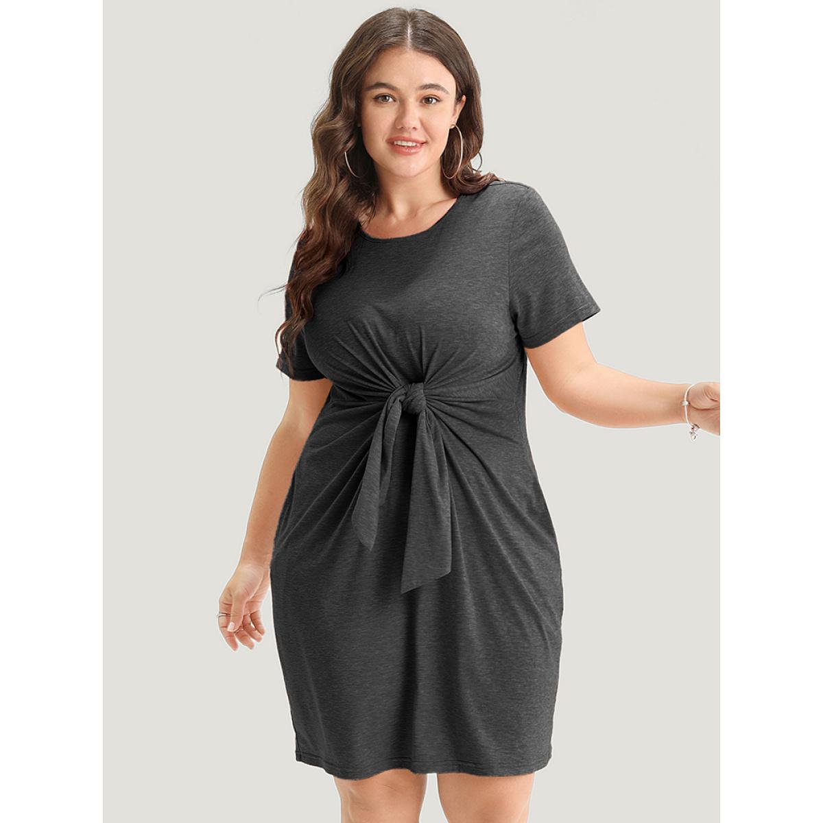 Plus Size Solid Round Neck Pocket Knot Front Knee Dress DimGray Women Casual Plain Round Neck Short sleeve Curvy Knee Dress BloomChic 14-16/1X Product Image