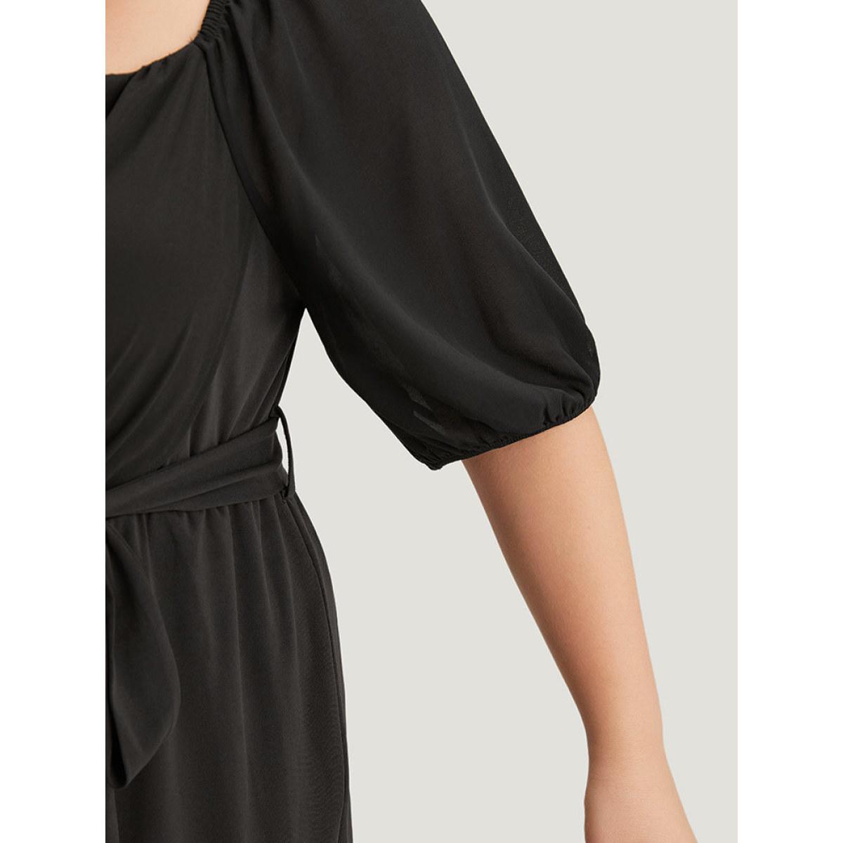 Plus Size Black Plain Square Neck Pocket Belted Zipper Jumpsuit Women Elegant Short sleeve Square Neck Dailywear Loose Jumpsuits BloomChic 10/M Product Image