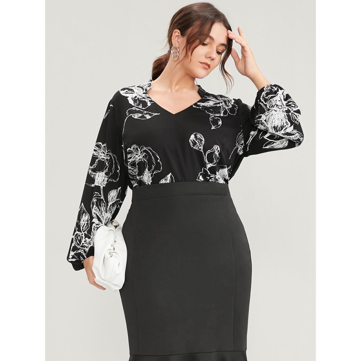 Plus Size Black Floral Printed Lantern Sleeve V Neck Blouse Women Office Long Sleeve V-neck Work Blouses BloomChic 22-24/3X Product Image
