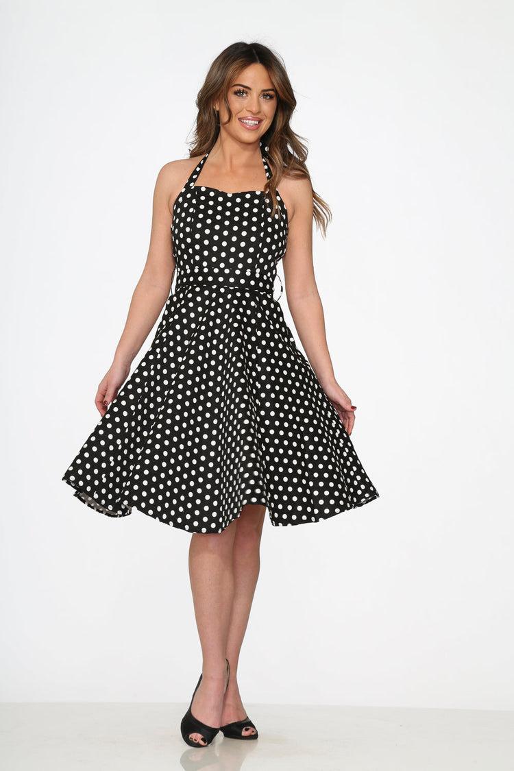Black & White Polka Dot Halter Swing Dress Product Image