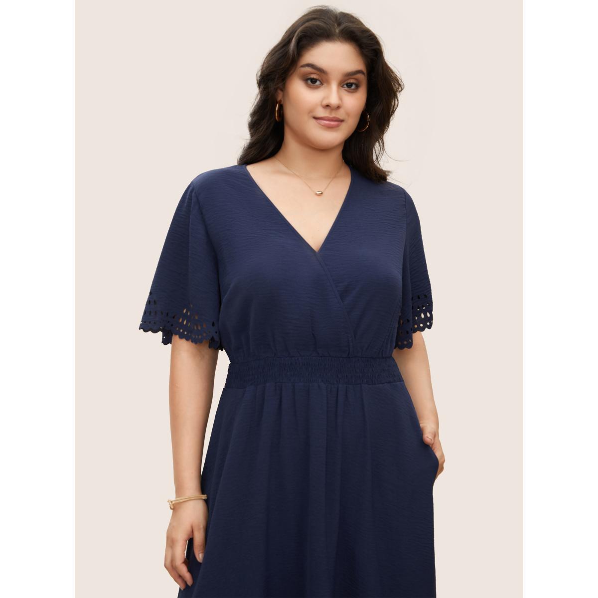 Plus Size Solid Laser Cut Shirred Pocket Wrap Scalloped Trim Flutter Dress Navy Women Timeless Non V-neck Short sleeve Curvy Midi Dress BloomChic 22-24/3X Product Image