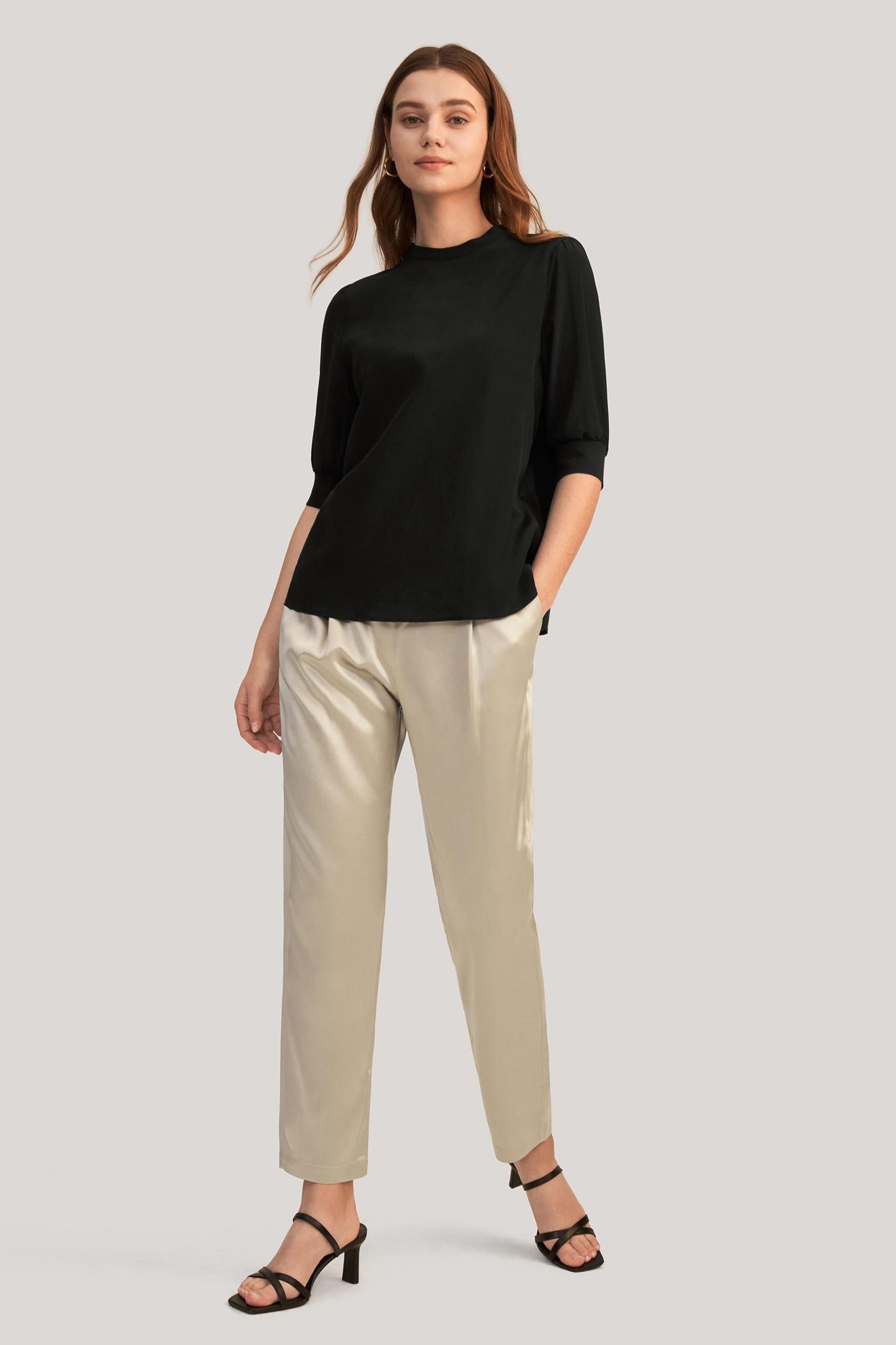 Elegant Casual Silk Tee With Rib Cuff Product Image