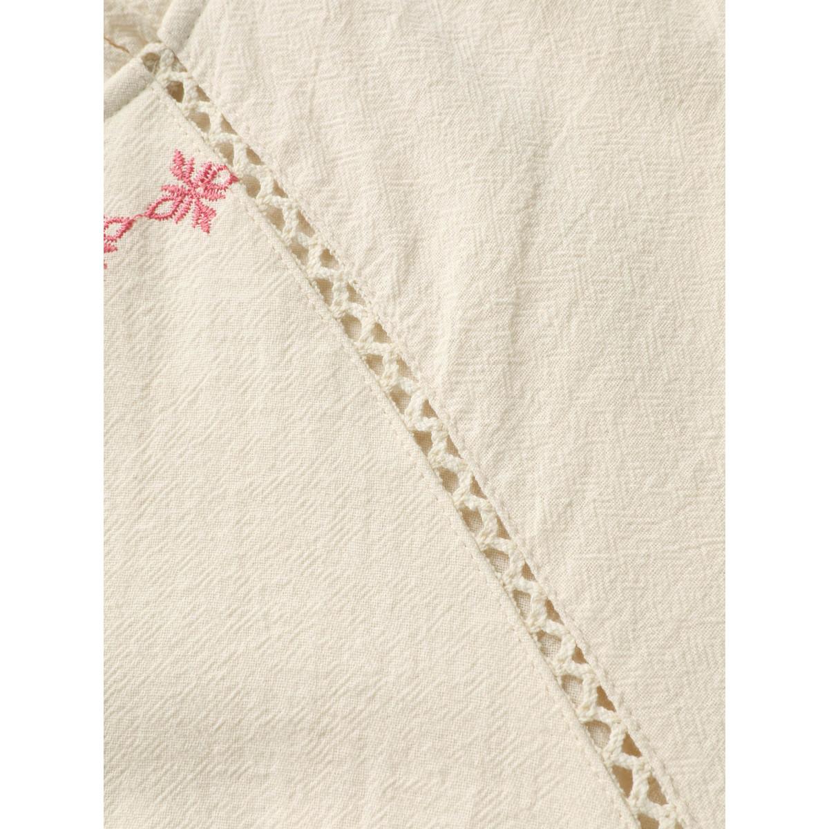 Plus Size Ivory Cotton Lace Embroidered Shirred Neck-Tie Blouse Women Elbow-length sleeve Flat collar with V-notch Vacation Blouses BloomChic 14-16/1X Product Image