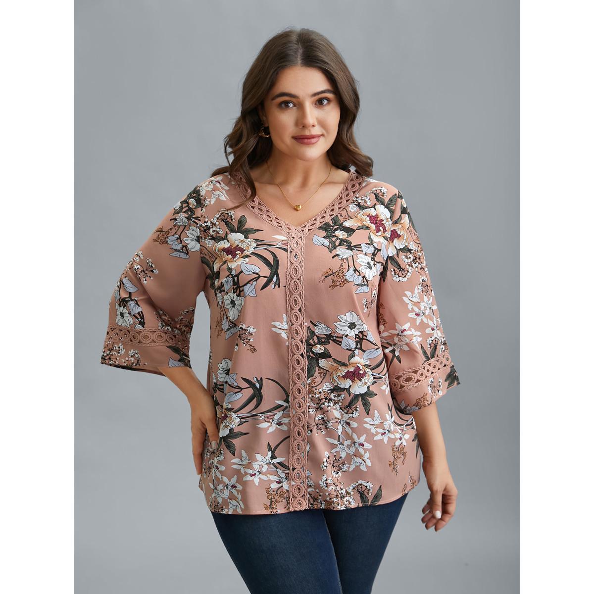 Plus Size Dirtypink Blooming Flower Print Webbing Spliced Blouse Women Elegant Elbow-length sleeve V-neck Everyday Blouses BloomChic 10/M Product Image