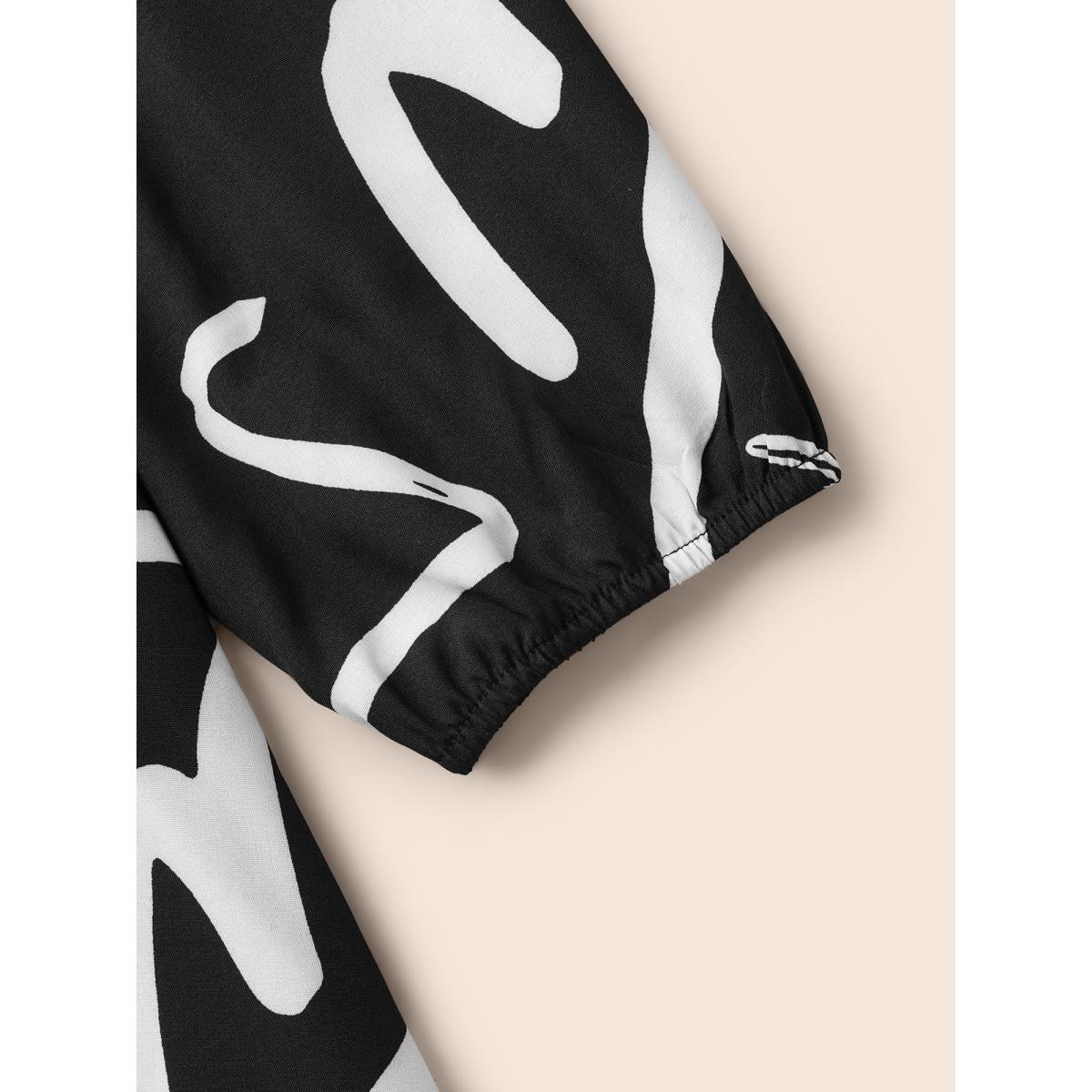 Plus Size Geometric Overlap Collar Midi Dress BlackFlower Women At the Office Belted Overlap Collar Long Sleeve Curvy BloomChic 14-16/1X Product Image