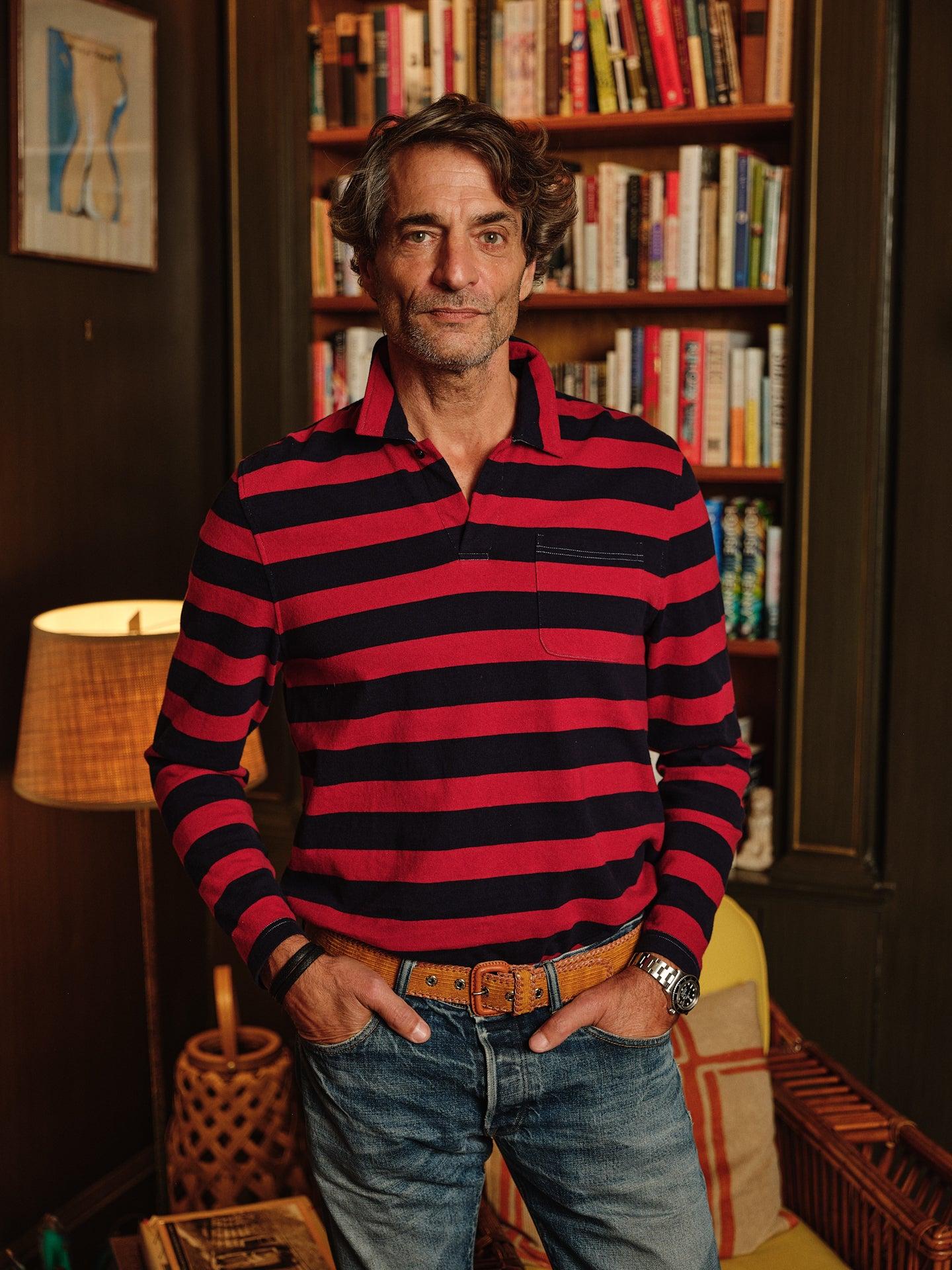 Long Sleeve Indigo Polo in Navy/Burgundy Wide Stripe Product Image