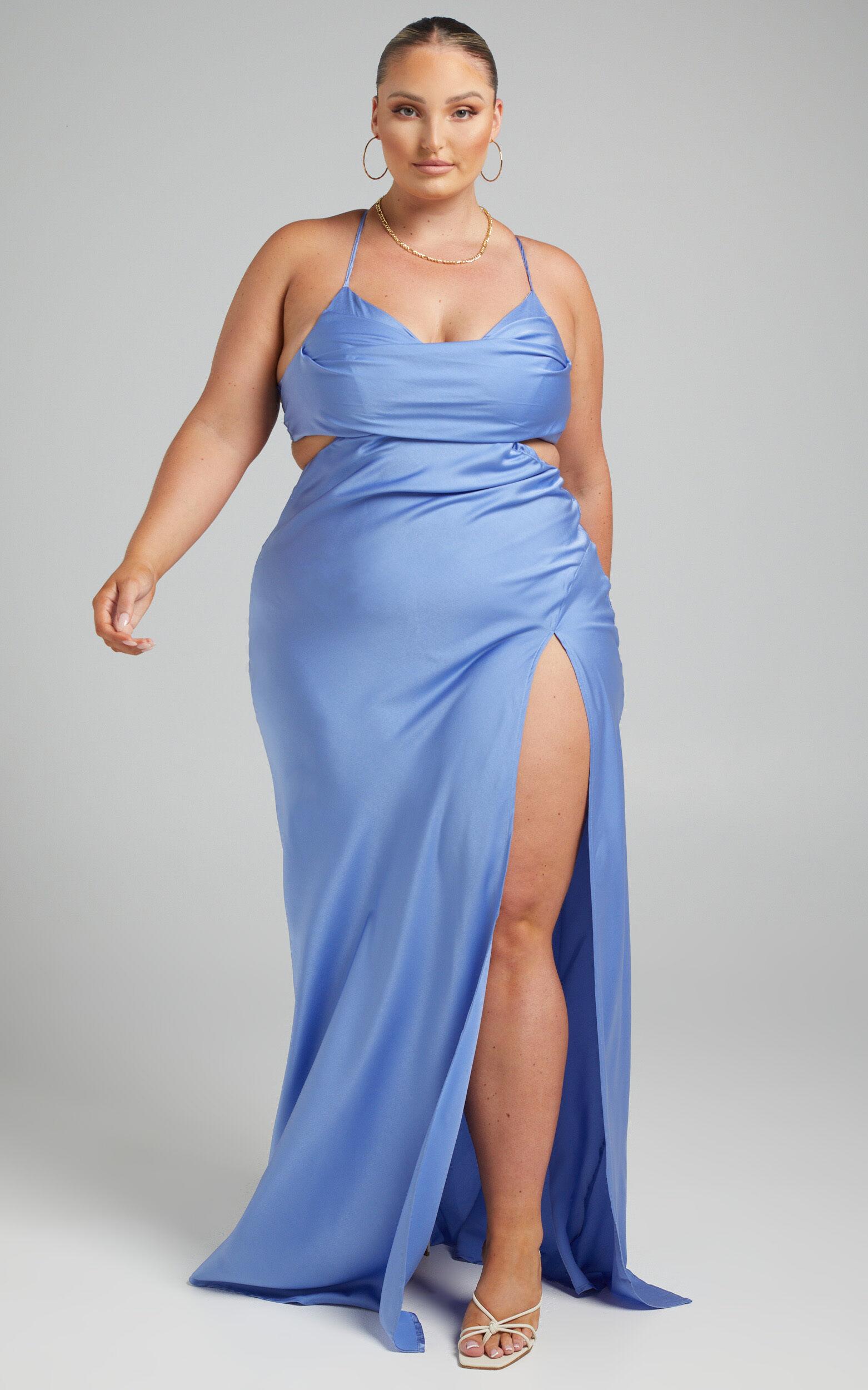 Sophie Maxi Dress - Cowl Neck Cross Back Dress in Blue Product Image