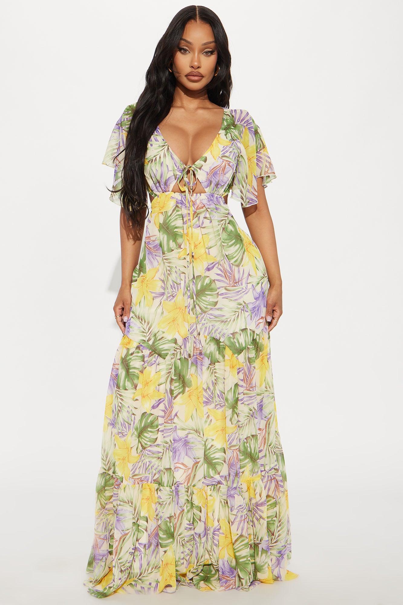 Tropical Chiffon Maxi Dress - Yellow/combo Product Image