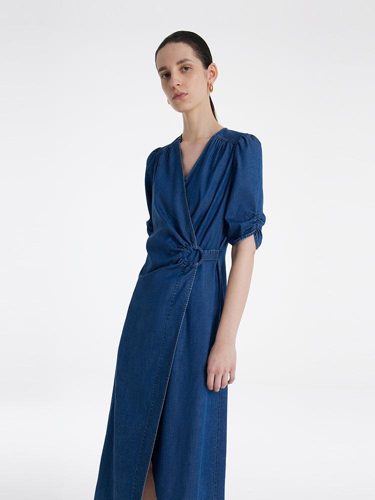 Denim V-Neck Twist Waist Women Midi Dress Product Image
