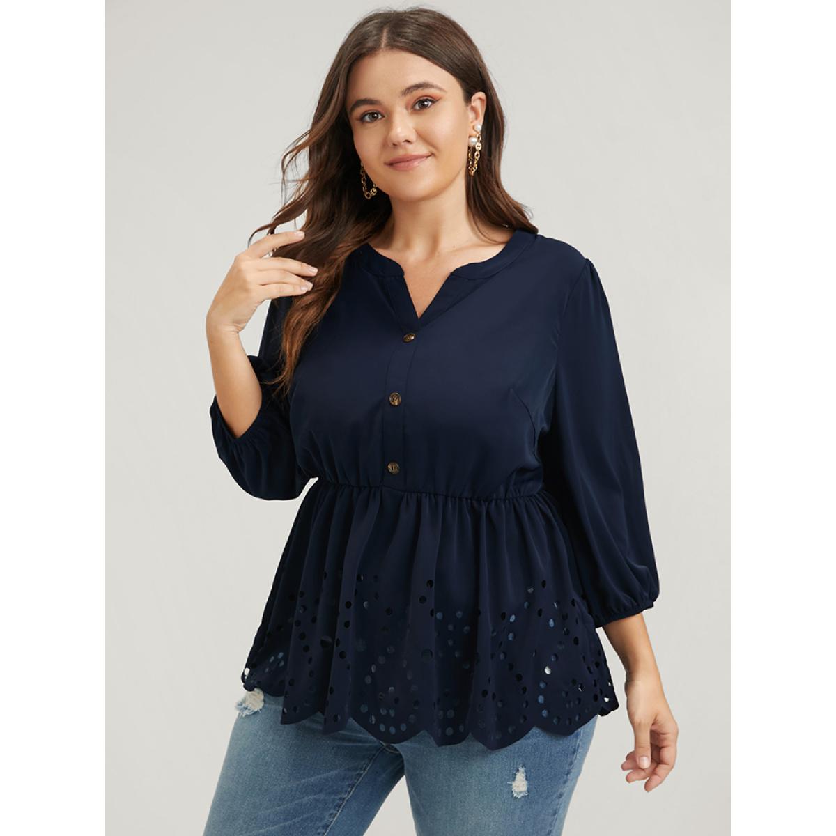 Plus Size DarkBlue Solid Cut Out Ruffles Button Lantern Sleeve Blouse Women Office Elbow-length sleeve V-neck Office Blouses BloomChic 12/L Product Image