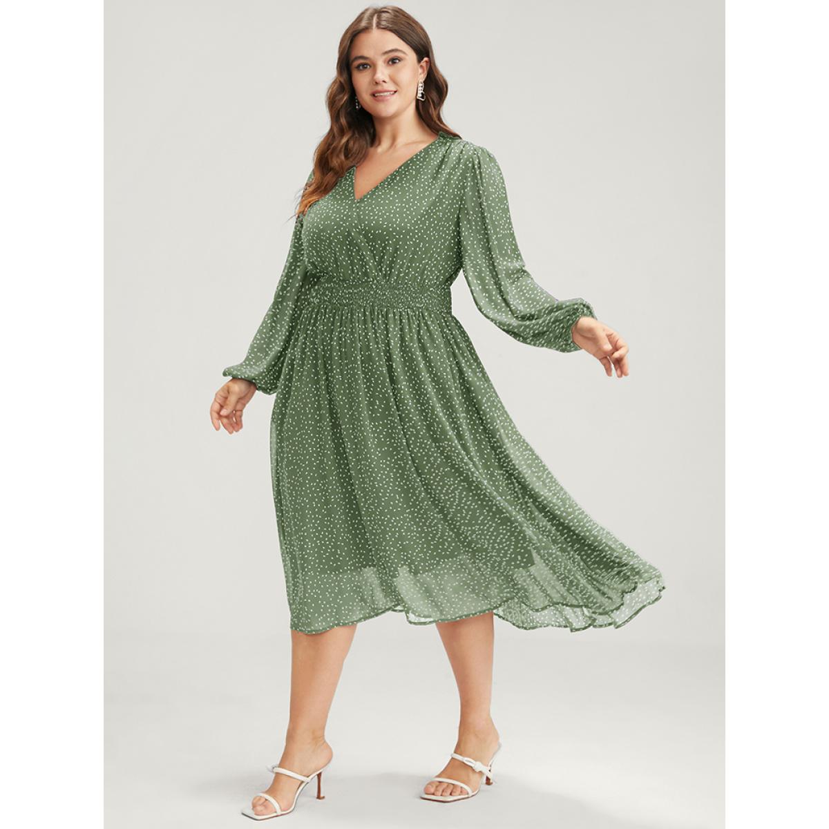 Plus Size Polka Dot Lantern Sleeve Pocket Shirred Flutter Dress Mint Women Elegant Pocket V-neck Short sleeve Curvy Midi Dress BloomChic 10/M Product Image