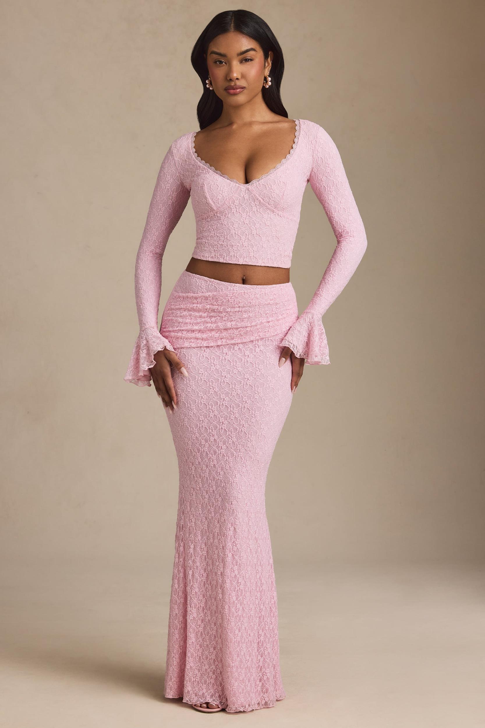 Ruffle Long-Sleeve Lace Top in Soft Pink Product Image