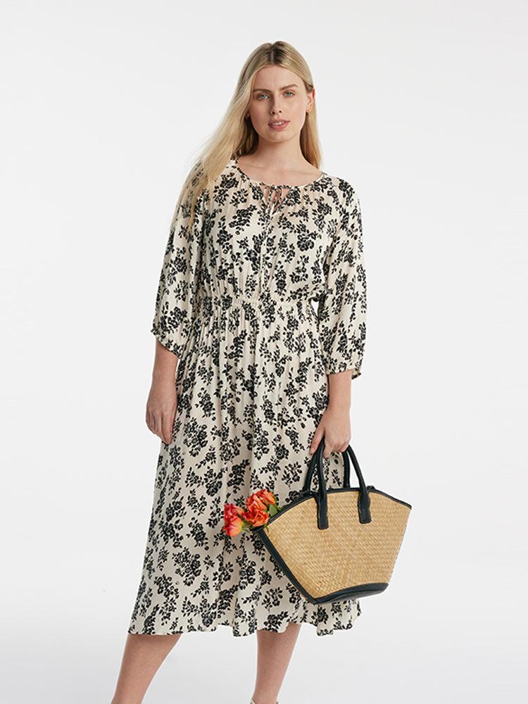 Camellia Print Gathered Waist Women Midi Dress Product Image