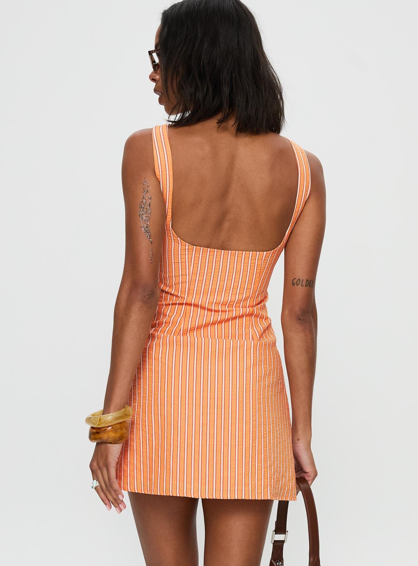 Ellesandra Boat Neck Mini Dress Orange Stripe Product Image