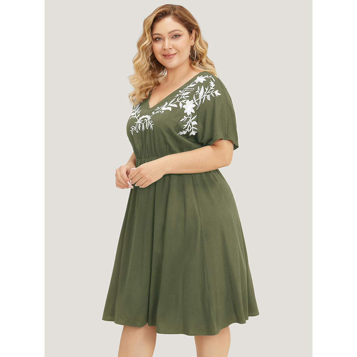 Plus Size Floral Embroidered Pocket Dolman Sleeve Ruffle Dress ArmyGreen Women Vacation Embroidered V-neck Short sleeve Curvy Knee Dress BloomChic 14-16/1X Product Image