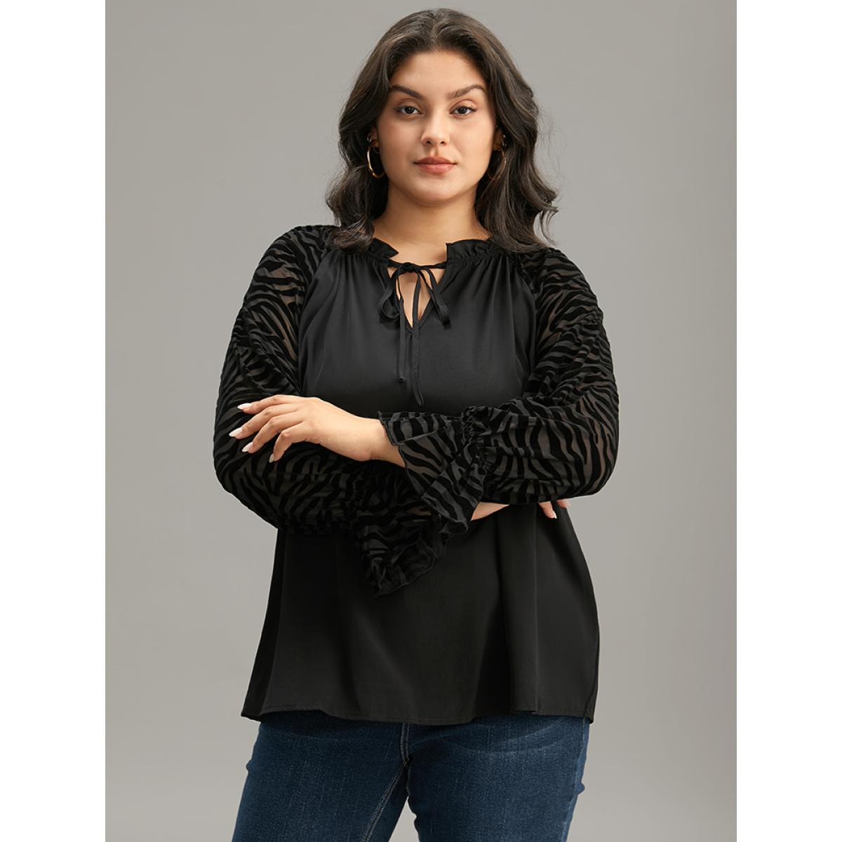 Plus Size Black Halloween Zebra Print Tie Neck Frill Trim Patchwork Blouse Women Elegant Long Sleeve Tie Neck Dailywear Blouses BloomChic 26/4X Product Image