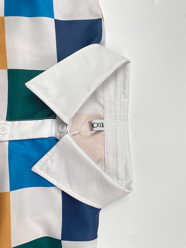 Long Sleeves Loose Buttoned Contrast Color Plaid Tied Stand Collar Blouses&Shirts Tops Product Image