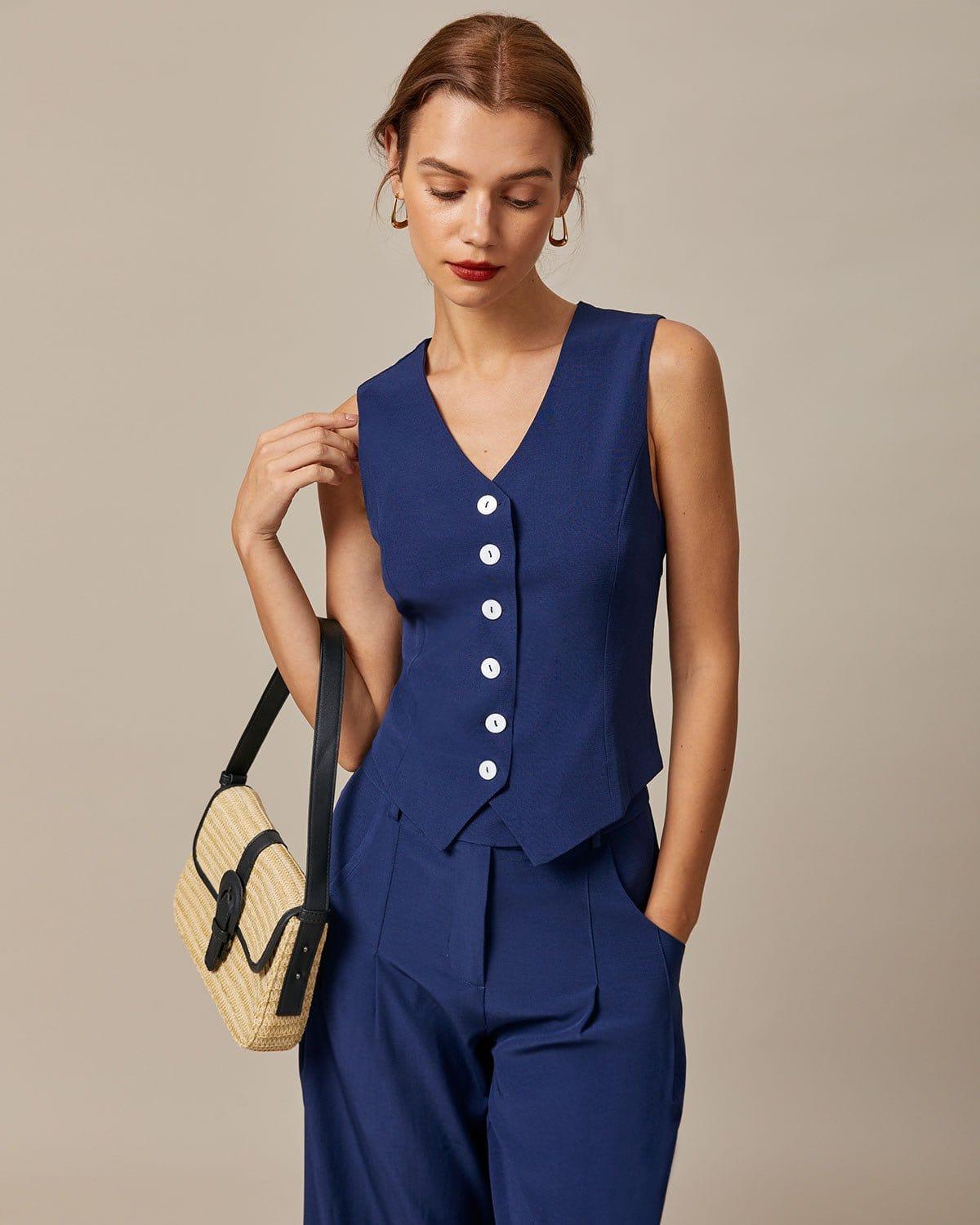 The Navy High Waisted Pockets Straight Pants Product Image