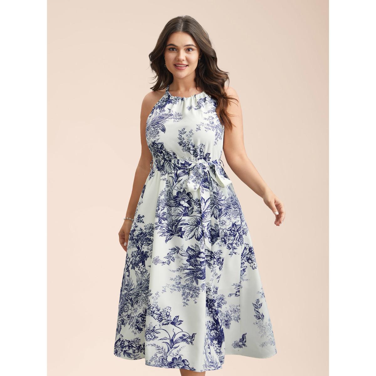 Plus Size Spring Time Florals Sleeveless Midi Dress WhiteSmoke Women Romantic Gathered Halter neck Sleeveless Curvy BloomChic 18-20/2X Product Image