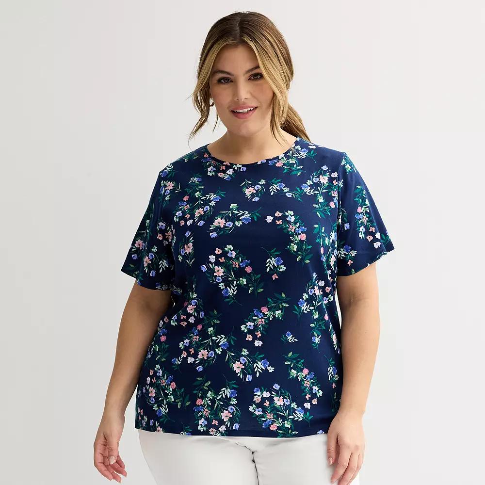 Plus Size Croft & Barrow® Essential Crewneck Top, Women's, Size: 3XL, Blue Team Floral Product Image