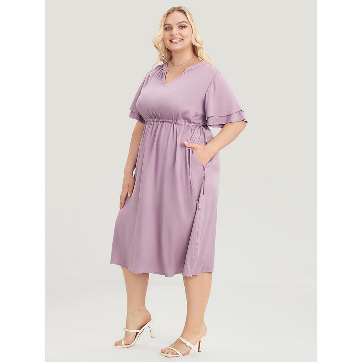 Plus Size Solid V Neck Ruffle Tiered Sleeve Pocket Drawstring Dress Mauve Women Office Drawstring V-neck Short sleeve Curvy Midi Dress BloomChic 14-16/1X Product Image
