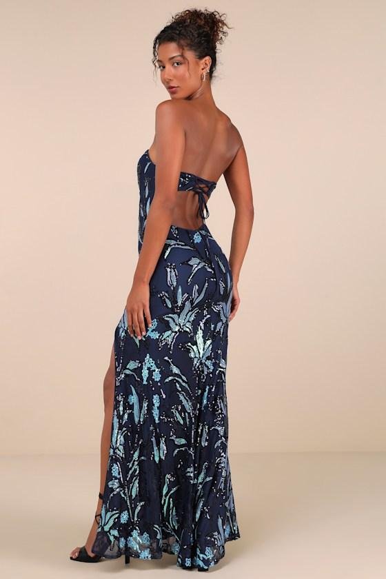 Shimmering Icon Navy Sequin Lace-Up Strapless Maxi Dress Product Image