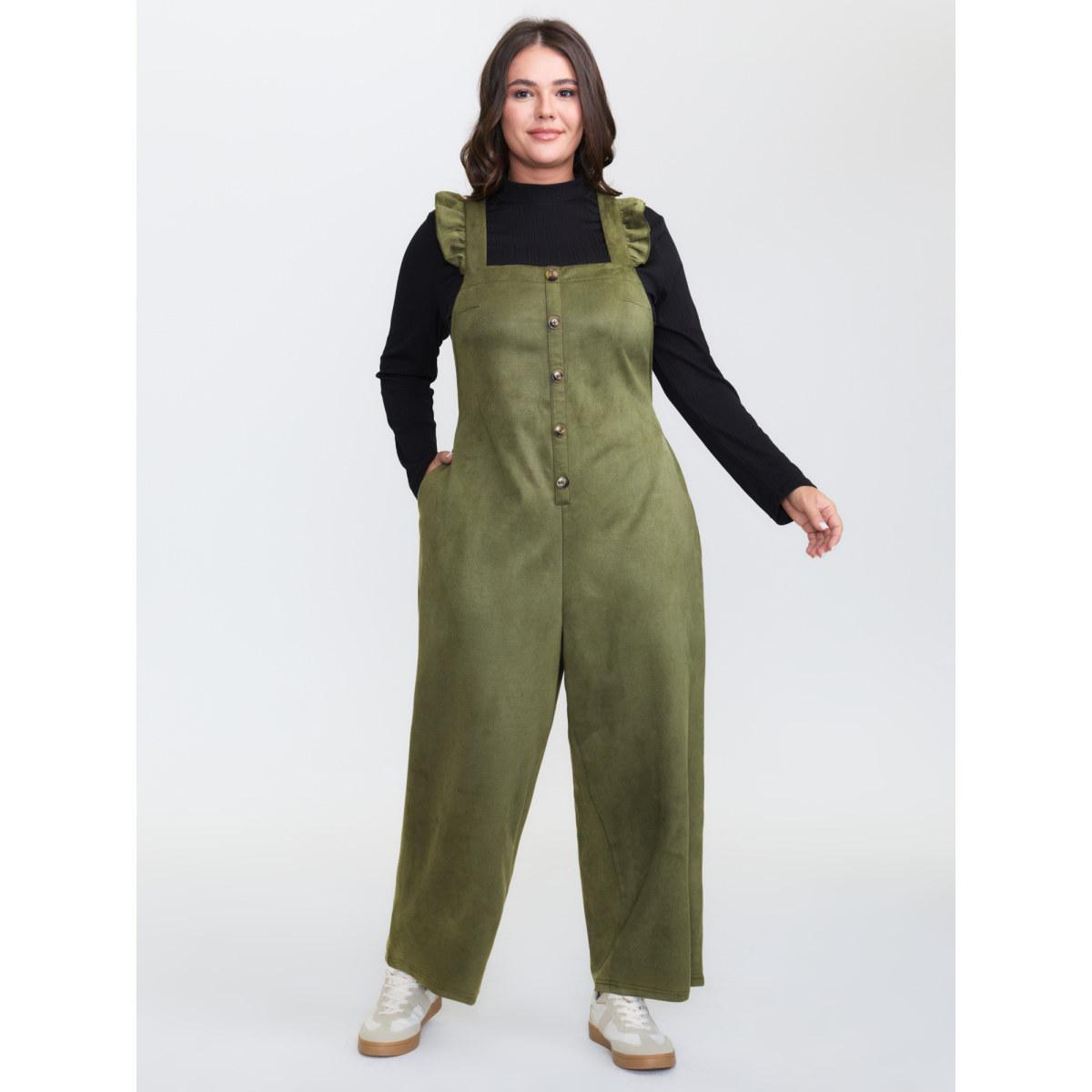 Plus Size ArmyGreen Suede Adjustable Ruffled Jumpsuit Women Leisure Sleeveless Non Casual Loose Jumpsuits BloomChic 28/5X Product Image