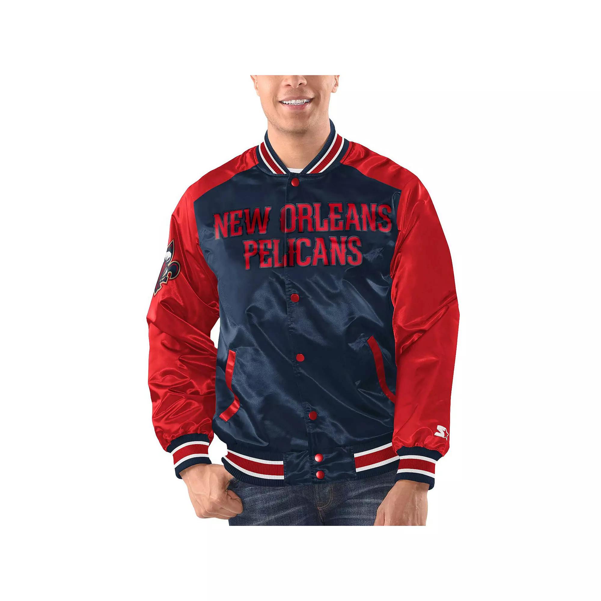 Men's Starter Navy/Red New Orleans Pelicans Renegade Satin Full-Snap Varsity Jacket, Size: XL, Blue Product Image