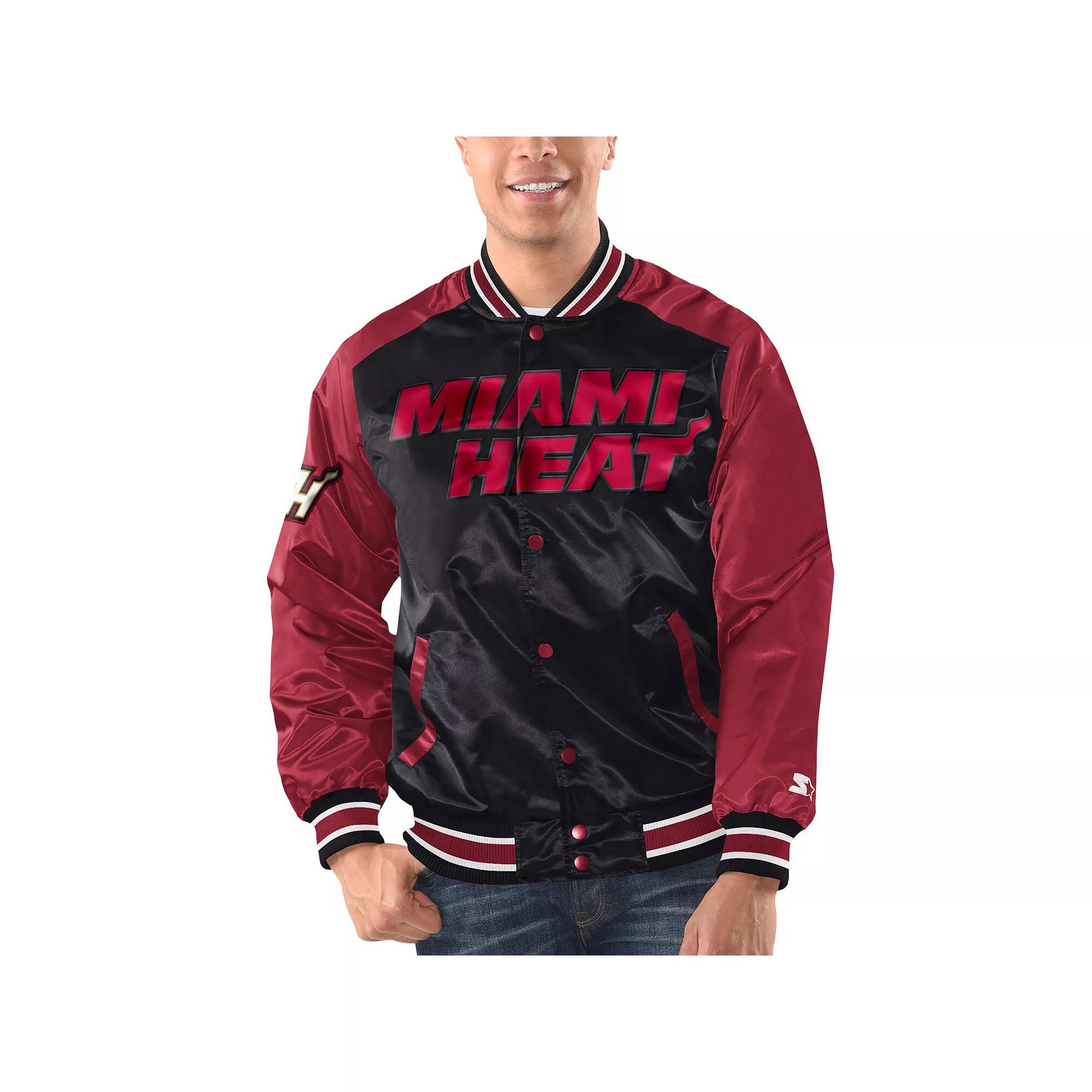 Men's Starter Black/Red Miami Heat Renegade Satin Full-Snap Varsity Jacket, Size: Large Product Image