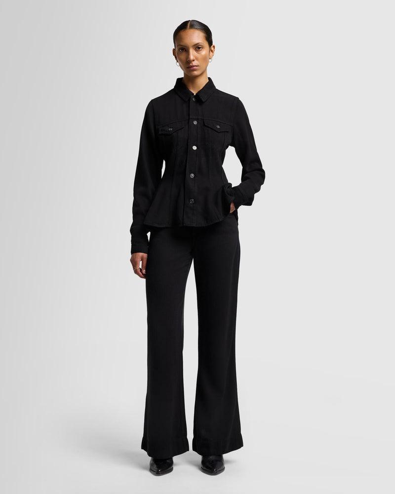 Denim Lustre Flounce Trucker Jacket Product Image