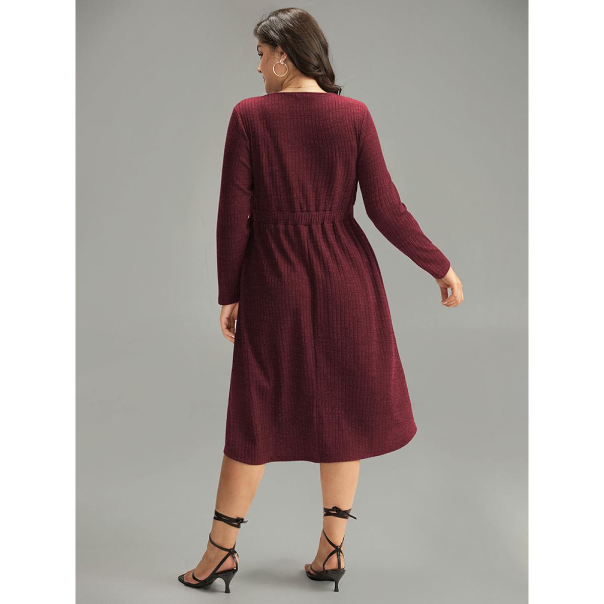 Plus Size Rib Knit Button Detail Pocket Dress Burgundy Women Casual Plain V-neck Long Sleeve Curvy Midi Dress BloomChic 30/6X Product Image