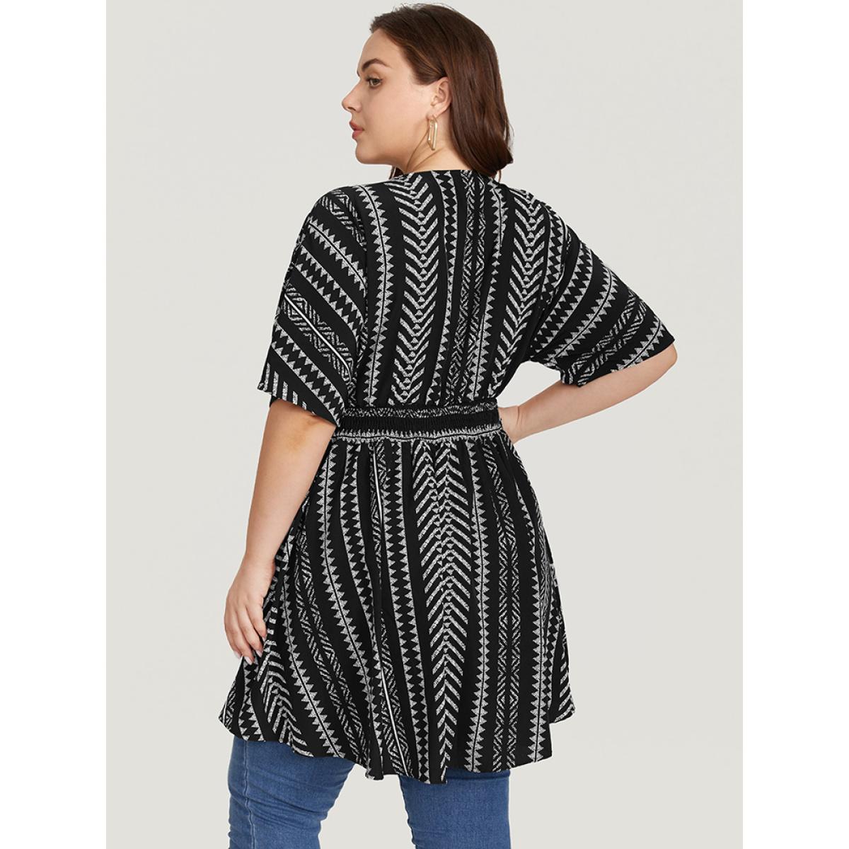 Plus Size Black Bandana Print High Low Hem Patchwork Blouse Women Elegant Short sleeve Deep V-neck Vacation Blouses BloomChic 14-16/1X Product Image