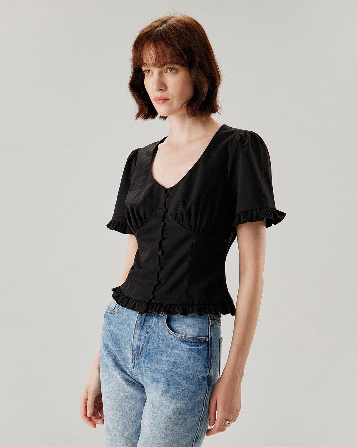 Black V-Neck Ruffle Puffed Sleeve Blouse Product Image