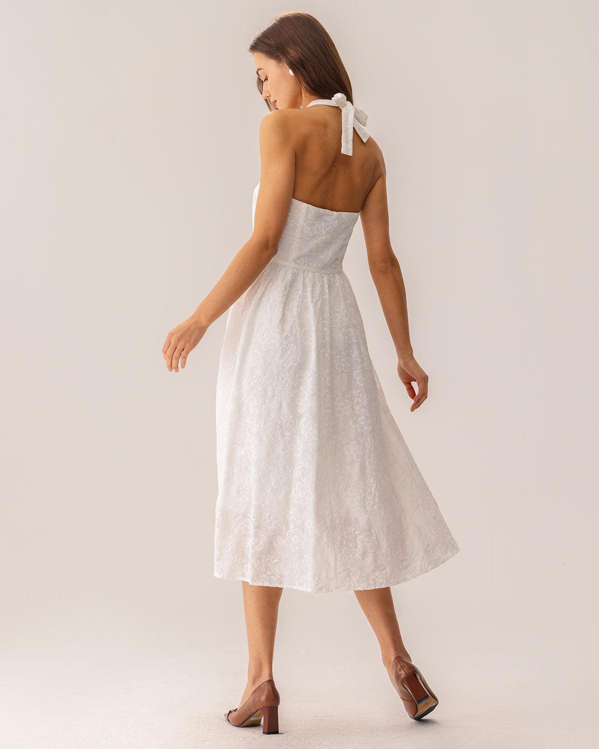 White Embroidery Halter Midi Dress Product Image