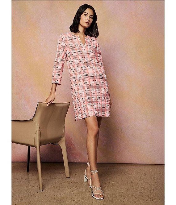 Ming Wang Multi Plaid Split V-Neck 3/4 Sleeve Sheath Dress Product Image