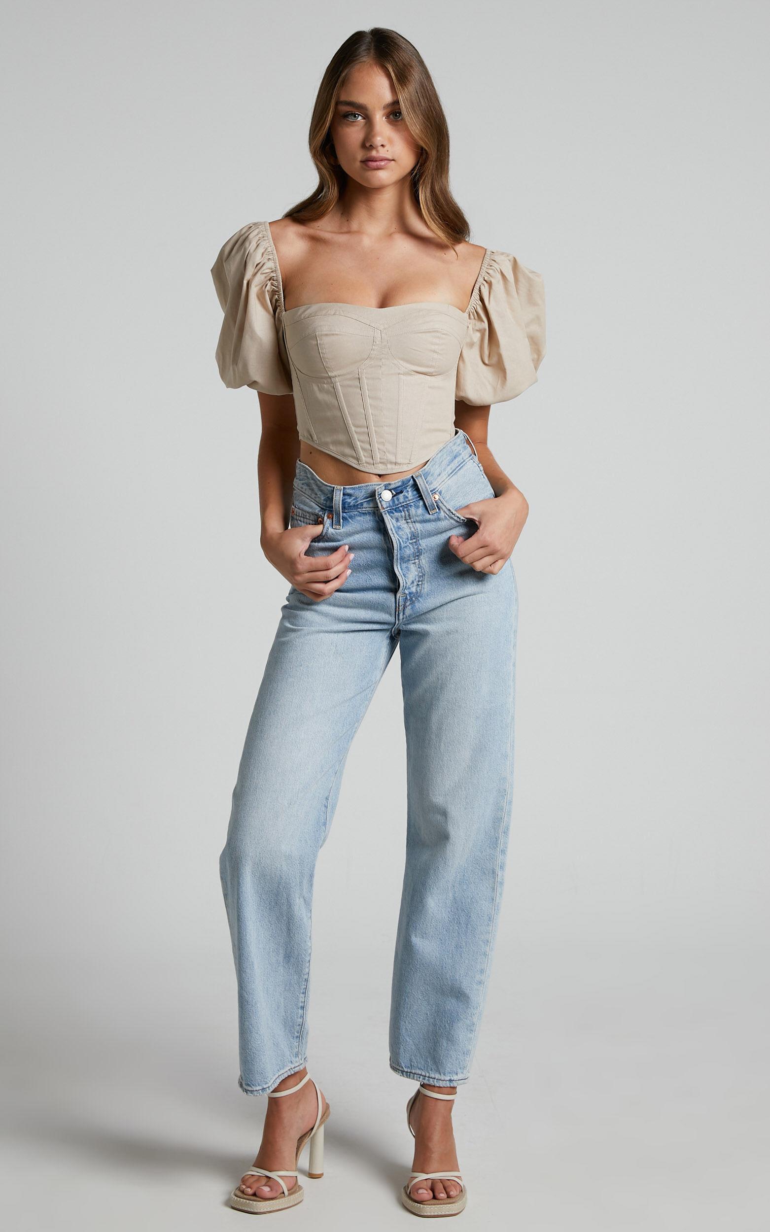 Estella Top - Puff Sleeve Corset Bustier Top in Sand Product Image