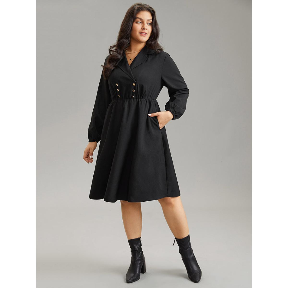 Plus Size Static-Free Suit Collar Button Detail Elastic Waist Dress Black Women At the Office Elastic cuffs Suit Collar Long Sleeve Curvy Midi Dress BloomChic 10/M Product Image