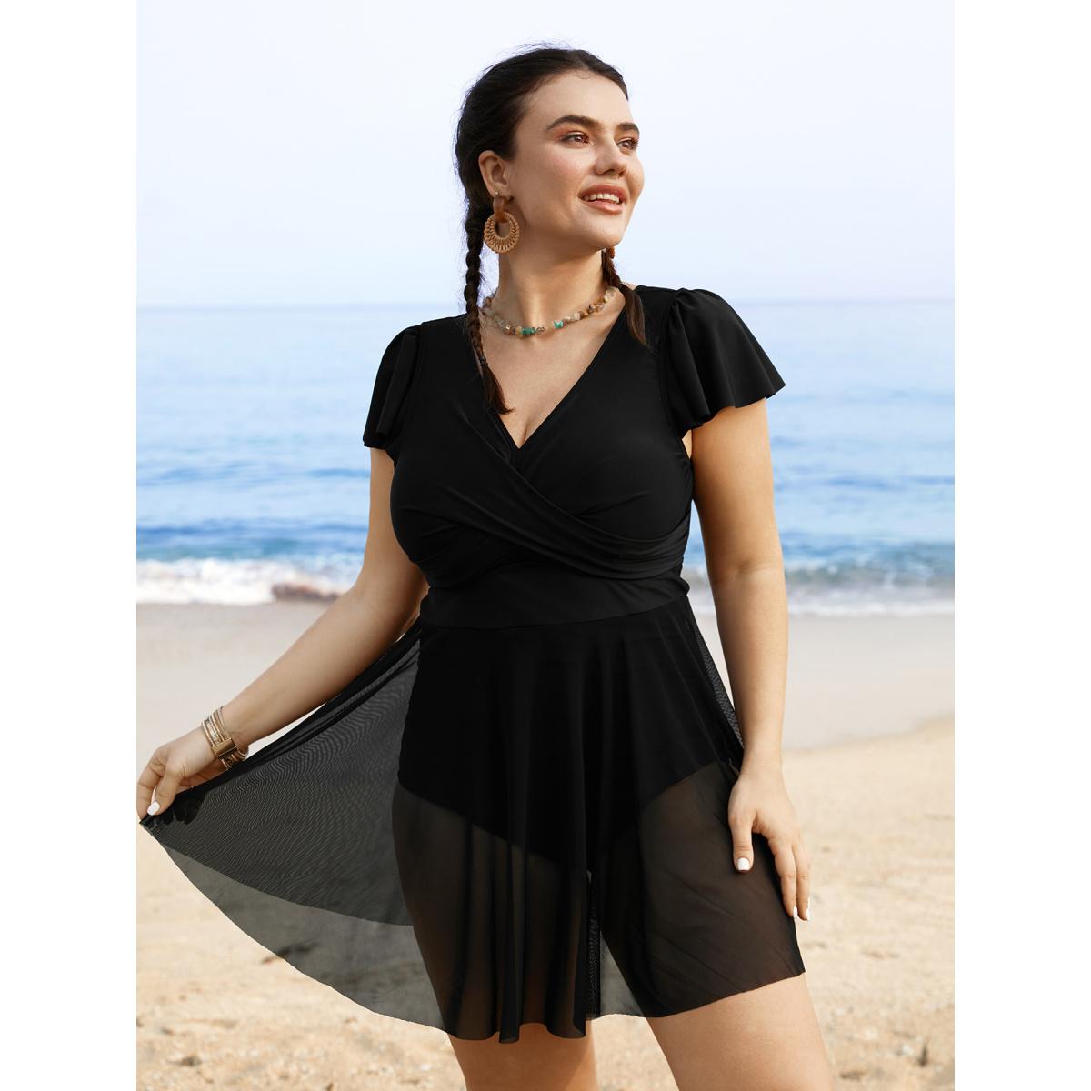 Plus Size Solid Ruffles Gathered See Through Swim Dress Women's Swimwear Black Beach Bodycon V-neck High stretch Curve Swim Dresses BloomChic 12/L Product Image