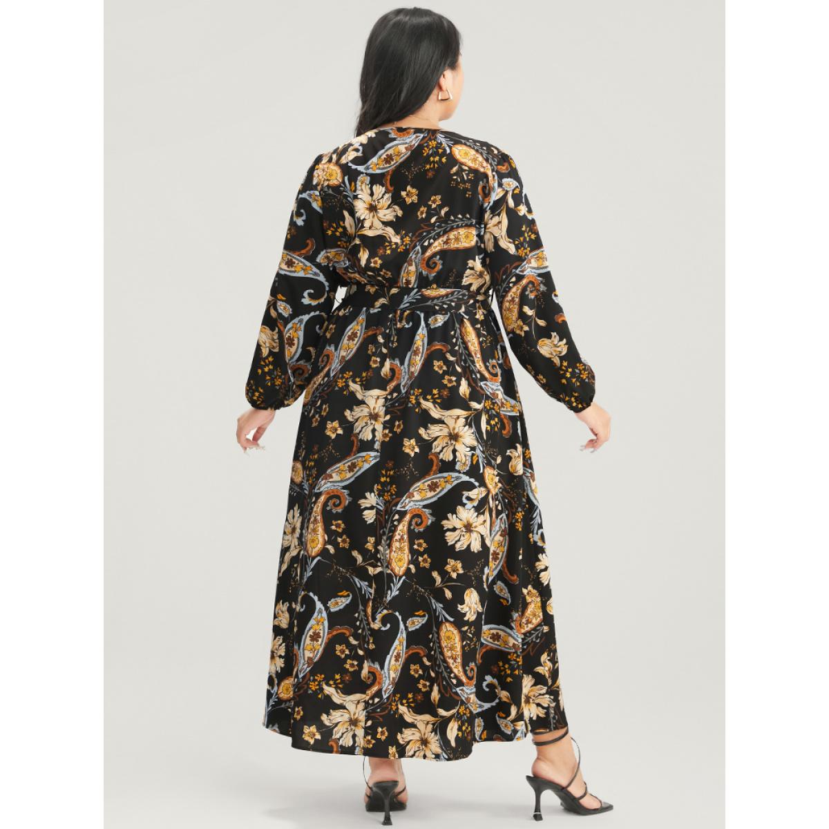 Plus Size Floral Pocket Lantern Sleeve V Neck Belted Maxi Dress Black Women Elegant Belted V-neck Long Sleeve Curvy Long Dress BloomChic 30/6X Product Image