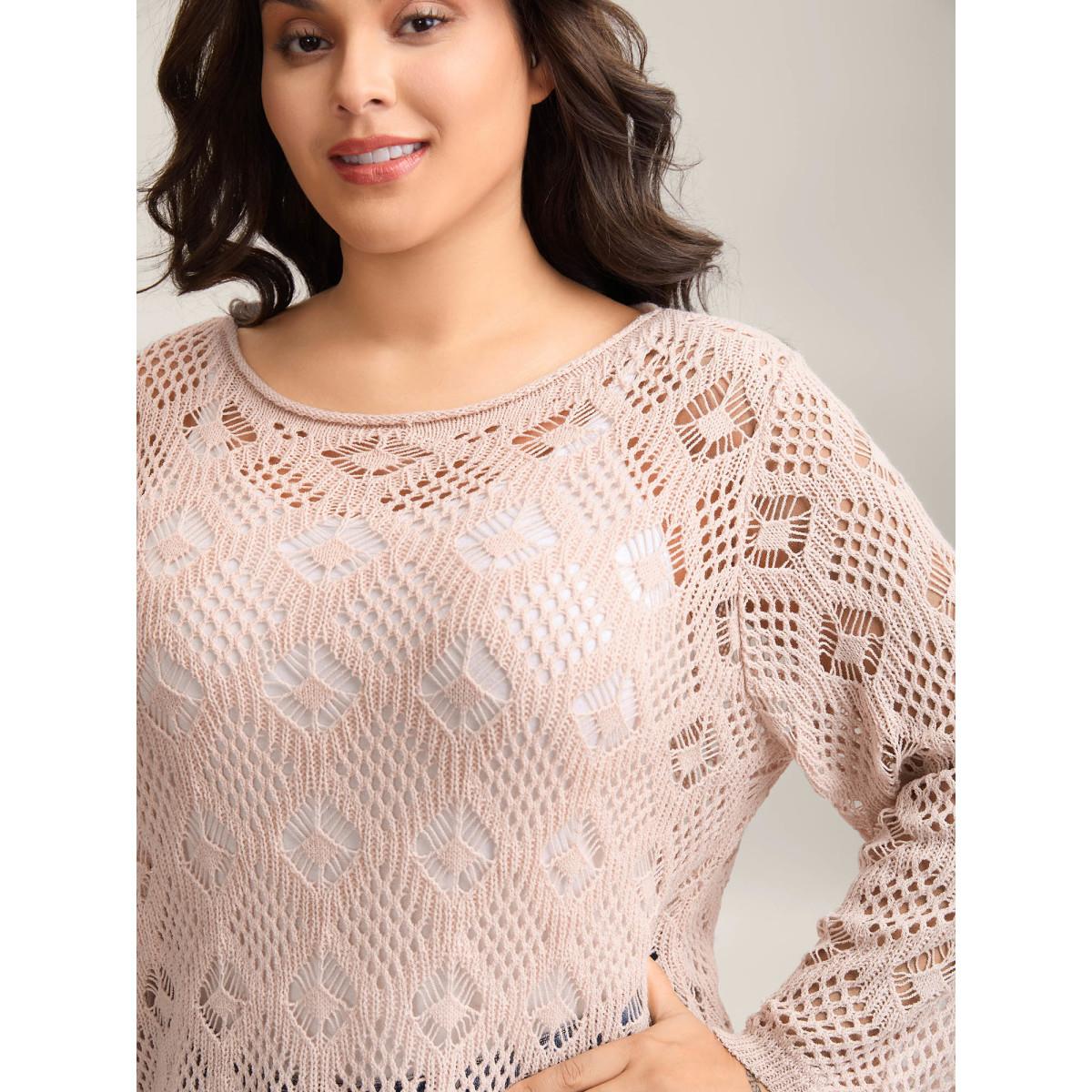 Plus Size Cut Out Textured Feel Pullover MistyRose Women Casual Loose Long Sleeve Round Neck Everyday Pullovers BloomChic 22-24/3X Product Image