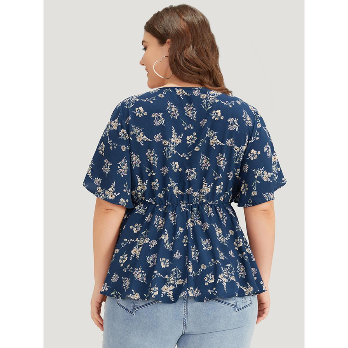 Plus Size Indigo Floral Print Flutter Sleeve Button Detail Blouse Women Elegant Short sleeve V-neck Dailywear Blouses BloomChic 30/6X Product Image