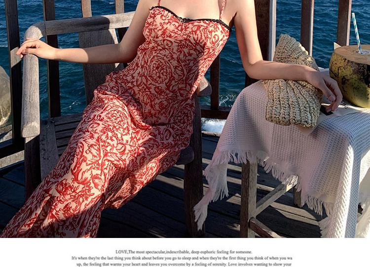 Spaghetti Strap Floral Print Midi Mermaid Dress Product Image