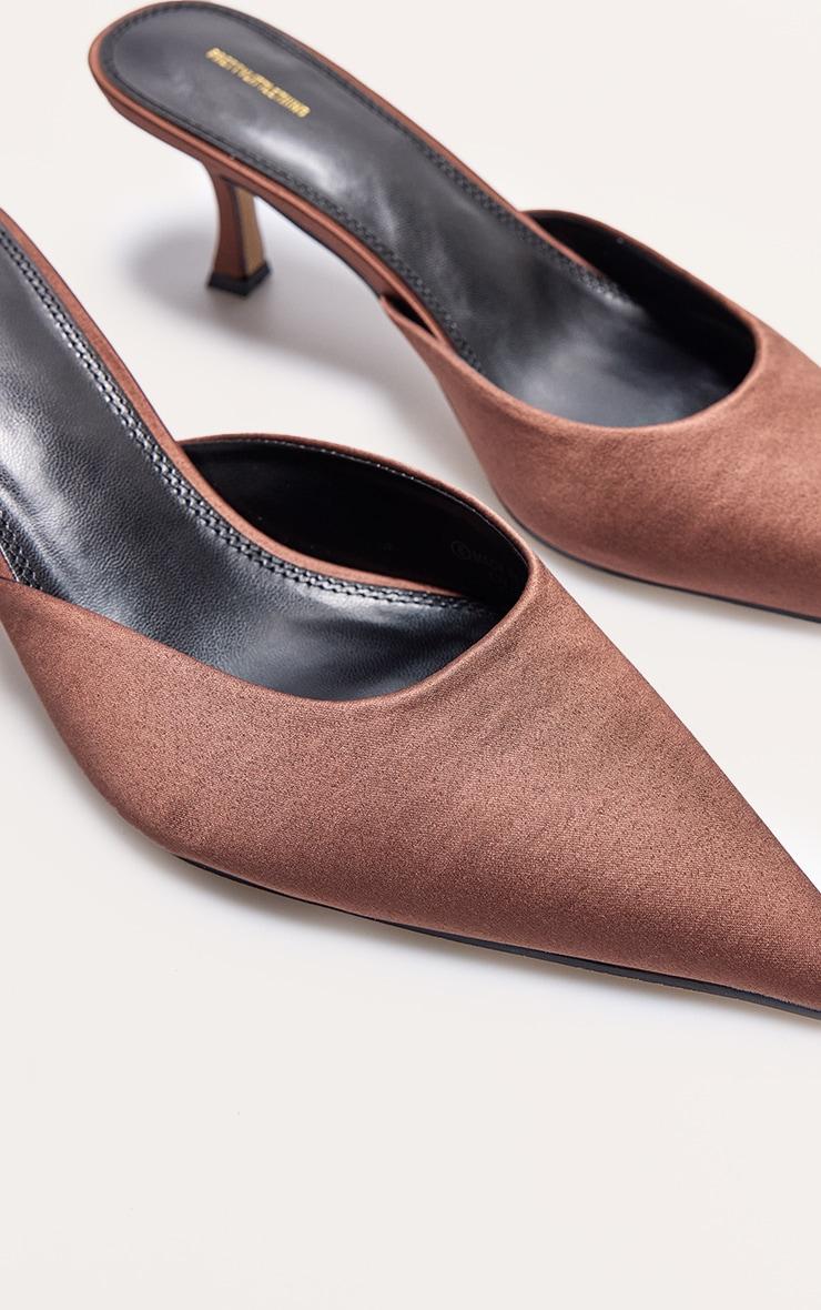 Chocolate Satin Point Toe Mid Stiletto Heeled Mules Product Image