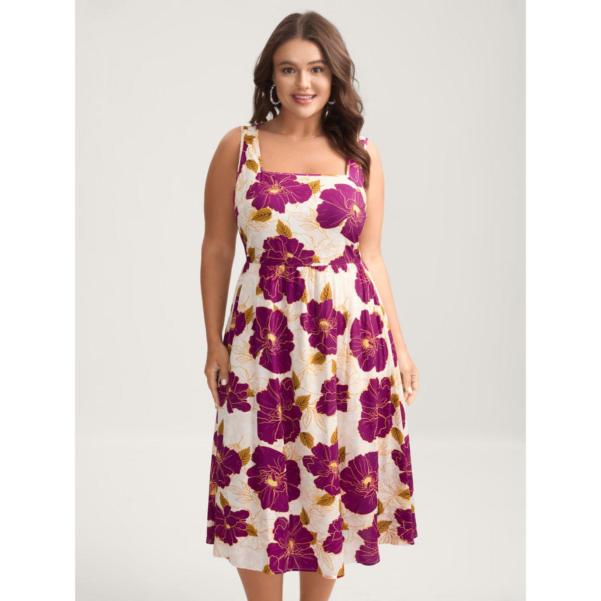 Plus Size Large Floral Print Pockets Midi Dress Peach Women Timeless Square Neck Sleeveless Curvy BloomChic 28/5X Product Image