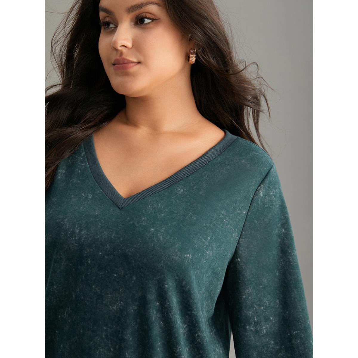 Plus Size Vintage Heather V Neck Rib Knit Sweatshirt Women DarkGreen Casual Rib Knit V-neck Dailywear Sweatshirts BloomChic 22-24/3X Product Image