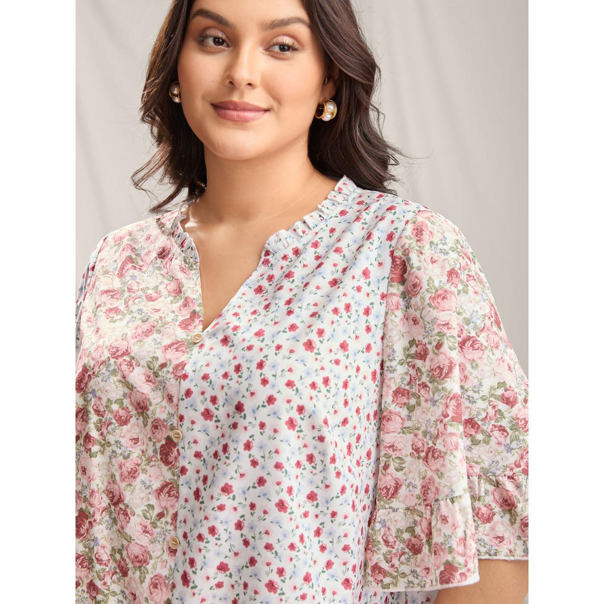 Plus Size Lightpink Floral Contrast Print Button Detail Blouse Women Timeless Half Sleeve Notched collar Elegant Blouses BloomChic 12/L Product Image