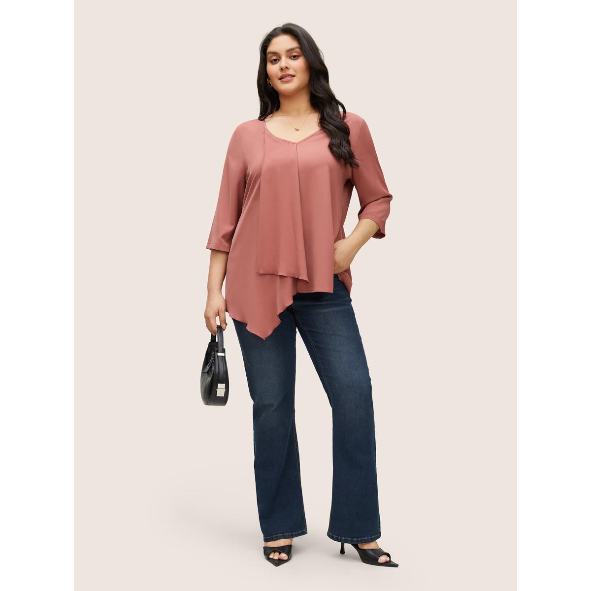 Plus Size DustyPink Static-Free Plain Asymmetrical Hem Patchwork Blouse Women Work From Home Elbow-length sleeve V-neck Work Blouses BloomChic 22-24/3X Product Image