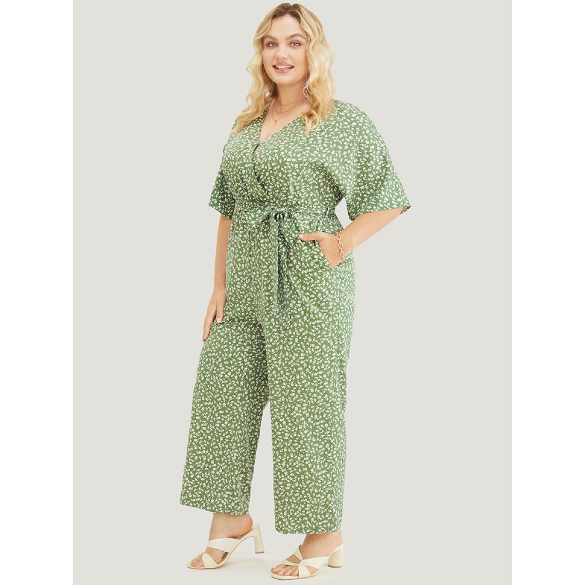 Plus Size Green Ditsy Floral Wrap Pocket Belt Batwing Sleeve Jumpsuit Women Elegant Half Sleeve V-neck Dailywear Loose Jumpsuits BloomChic 22-24/3X Product Image